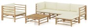 6 pcs conj. lounge p/ jardim em bambu c/ almofadões branco nata