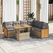 vidaXL 7 pcs conjunto sofás jardim com almofadões vime PE/acácia bege