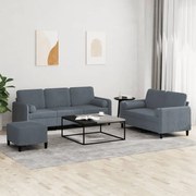3 pcs conjunto de sofás com almofadas veludo cinzento-escuro