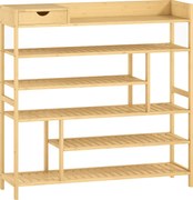 HOMCOM Sapateira, estante para sapatos com 6 níveis, gaveta em bambu, até 18 pares de sapatos, prateleira para entrada, quarto, 101 x 30 x 100 cm, Natural | Aosom Portugal