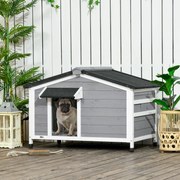 Casota para Cães de Madeira Casa para Animais de Estimação com Teto Asfáltico 2 Janelas Porta com Cortina 97x72x65 cm Cinza