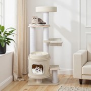 Arranhador para gatos de 151 cm com vários níveis, com poleiro acolchoado, caverna de 2 níveis, poste para arranhar e rede natural + branco