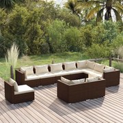 10 pcs conjunto lounge de jardim c/ almofadões vime PE castanho