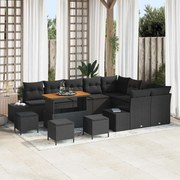 vidaXL Conjunto de Sofá de Jardim de 13 Peças com Almofadas em Rattan Poliéster Preto e Acácia