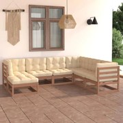 7 pcs conjunto lounge de jardim com almofadões pinho maciço