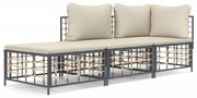 3 pcs conjunto lounge de jardim c/ almofadões vime PE antracite