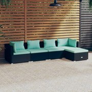 5 pcs conjunto lounge de jardim c/ almofadões vime PE preto