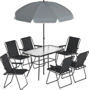 Outsunny Conjunto de Jantar para Jardim 8 Peças com Guarda-sol, Conjunto de Móveis de Jardim com 6 Cadeiras Dobráveis, Mesa em Vidro Temperado e Guarda-sol para Pátio, Preto | Aosom Portugal