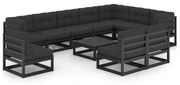 vidaXL 11 pcs conjunto longue jardim c/ almofadões pinho maciço preto