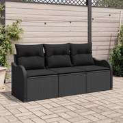 vidaXL Conjunto de Sofá de Jardim com 3 Peças e Almofadas em Rattan de Polipropileno Preto.