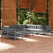 10pcs conjunto lounge de jardim + almofadões pinho maciço cinza