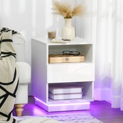 Mesa de Cabeceira Moderna com Luz LED Controlo Remoto Gaveta de Alto Brilho e 2 Prateleiras 40x40x55 cm Branco