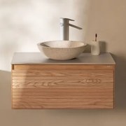 Conjunto De Móvel De Casa De Banho Suspenso 80x50 Cm Em Madeira De Freixo Tedrik Castanho Fresno & Cimento Redondo Branco Ø40 Cm Zavion & - Sklum