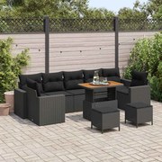 vidaXL Conjunto de Sofá de Jardim com 10 Peças e Almofadas em Rattan Sintético Preto Acácia