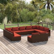 11 pcs conjunto lounge de jardim c/ almofadões vime PE castanho