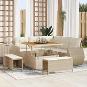 vidaXL Conjunto de Sofá de Jardim com 8 Peças e Almofadas Bege em Rattan de Poliéster e Madeira de Acácia.