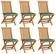 vidaXL Cadeiras de jardim c/ almofadões azuis 6 pcs teca maciça