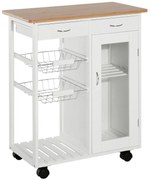 HOMCOM Carrinho de Cozinha de madeira com porta de vidro e 2 prateleiras e 4 rodinhas Branco 70x37x85 cm | Aosom Portugal