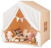 Tenda de brincar infantil com tapete de algodão lavável e faixa de bandeira rosa