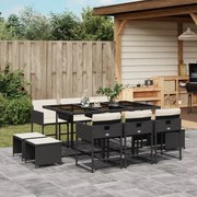 vidaXL 11 pcs conjunto de jantar p/ jardim c/ almofadões vime PE preto