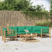 7 pcs conjunto lounge de jardim bambu c/ almofadões verdes