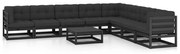 9pcs conjunto longue de jardim c/ almofadões pinho maciço preto