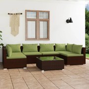 7 pcs conjunto lounge de jardim c/ almofadões vime PE castanho