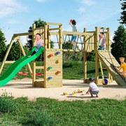 Parque infantil Crianças Exterior Maxi Funny Exposure KDI Com Escorrega, 2 Baloiços, rampa com corda de escalada, caixa de areia, parede de escalada