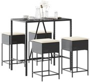 vidaXL 5 pcs conjunto de bar p/ jardim c/ almofadões vime PE preto