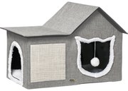 PawHut Casa para Gatos com Almofada para Arranhar almofada Macia e Bola Suspensa 65x41x45,5 cm Cinza