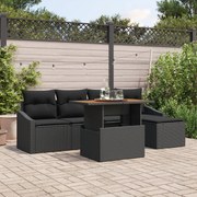 Conjunto de Sofá de Jardim de 6 peças com Almofadas Preto Polirattan