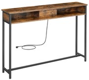 Mesa de console VASAGLE Slim com filtro de linha, mesa de sofá com 2 compartimentos, carregamento oculto, economia de espaço, 25 x 120 x 81 cm, para entrada, sala de estar, marrom rústico e preto escuro LNT111K01