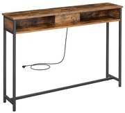 Mesa de console VASAGLE Slim com régua de energia, mesa de sofá com 2 compartimentos, carregamento oculto, economia de espaço, 25 x 120 x 81 cm, para entrada, sala de estar, marrom rústico e tinta preta LNT111K01