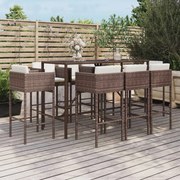 vidaXL 9 pcs conjunto de bar p/ jardim c/ almofadões vime PE castanho