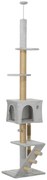 PawHut Arranhador para Gatos do Chão ao Teto de 225-265 cm  com Altura Ajustável Múltiplas Plataformas Escada Bola Suspensa Cinza Claro