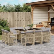 vidaXL 11 pcs conj. jantar jardim c/ almofadões vime PE bege misturado