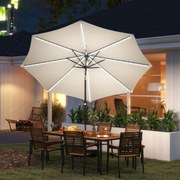 Chapéu de Sol para Jardim com Luzes LED Solares Ø292x252 cm com Inclinação Ajustável até 45° e Manivela Creme