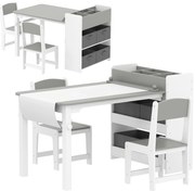AIYAPLAY Conjunto mesa e 2 cadeiras infantil em madeira com rolo de papel, prateleiras e gavetas, para menina menino 3-8 anos, cinza | Aosom Portugal