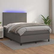 Cama box spring c/ colchão/LED 140x190cm couro artificial cinza