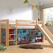 Cama alta de Criança PINO 90 x 200 cm + estrado + escada + escorrega + cortina Animais Natural