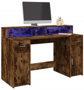 vidaXL Secretária luzes LED 140x55x91cm deriv. madeira carvalho fumado