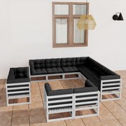 11 pcs conj. lounge de jardim c/ almofadões pinho maciço branco