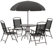 Outsunny Conjunto de Jardim Refeição 6 Peças com 4 Cadeiras Dobráveis 1 Mesa com Bancada de Vidro e 1 Chapéu de Sol Preto