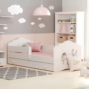 Cama infantil branca FALA 140x70 com gaveta - unicórnio e princesa - colchão e estrado incluído