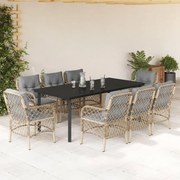 vidaXL 9 pcs conj. jantar jardim c/ almofadões vime PE bege misturado