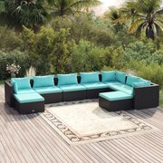 9 pcs conjunto lounge de jardim c/ almofadões vime PE preto