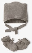 Conjunto gorro e sapatinhos em lã e caxemira, para recém-nascido bege mesclado
