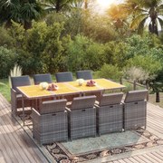 vidaXL 9 pcs conjunto jantar p/ jardim c/ almofadões vime PE cinzento