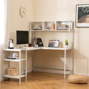 Secretária em forma de L  150 x 120 x 148 cm com compartimento de canto para computador com prateleiras e gancho para auscultadores com estante Branca