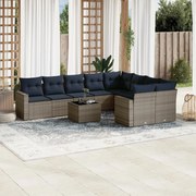vidaXL 10 pcs conjunto sofás p/ jardim c/ almofadões vime PE cinzento